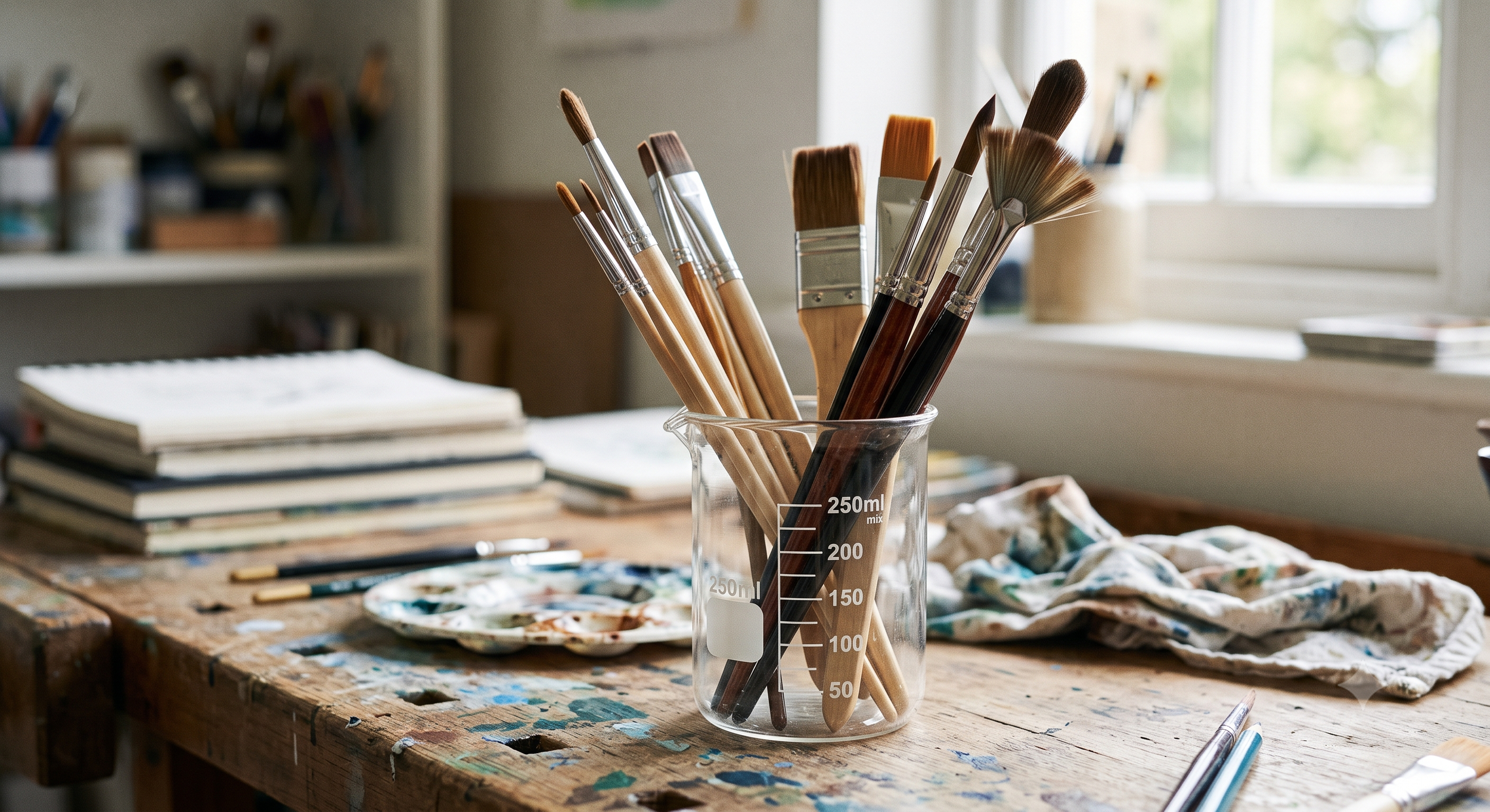 A glass container holding various paintbrushes on a wooden worktable with paint stains, alongside a stack of books, paper towels, and paints in an artist's studio with a window in the background.