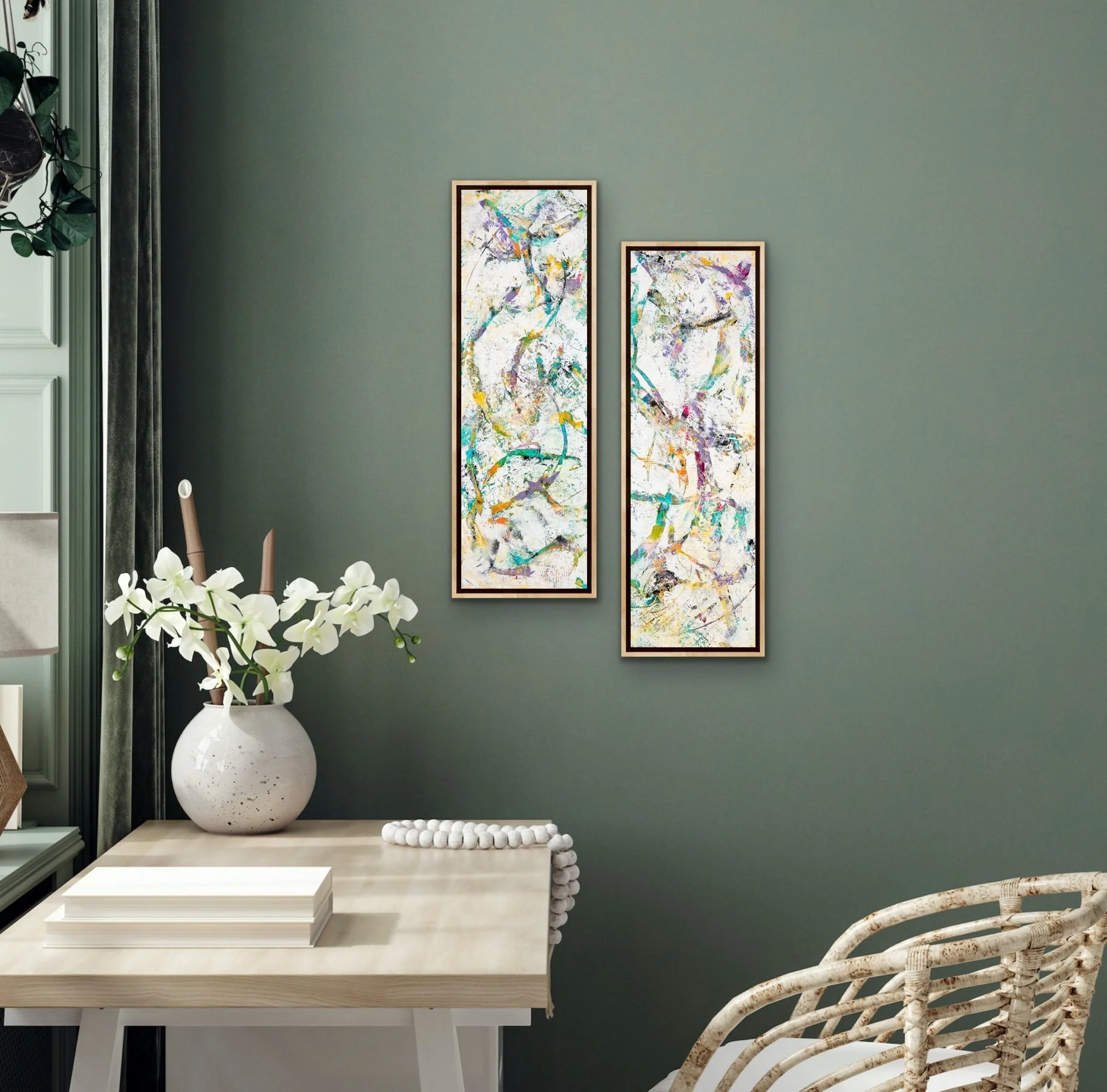 Kindness Confetti I & II | 8” x 26”, Cradled Panel, Painted Edge | $280 ea/$520 Pair   *Frame is representational
