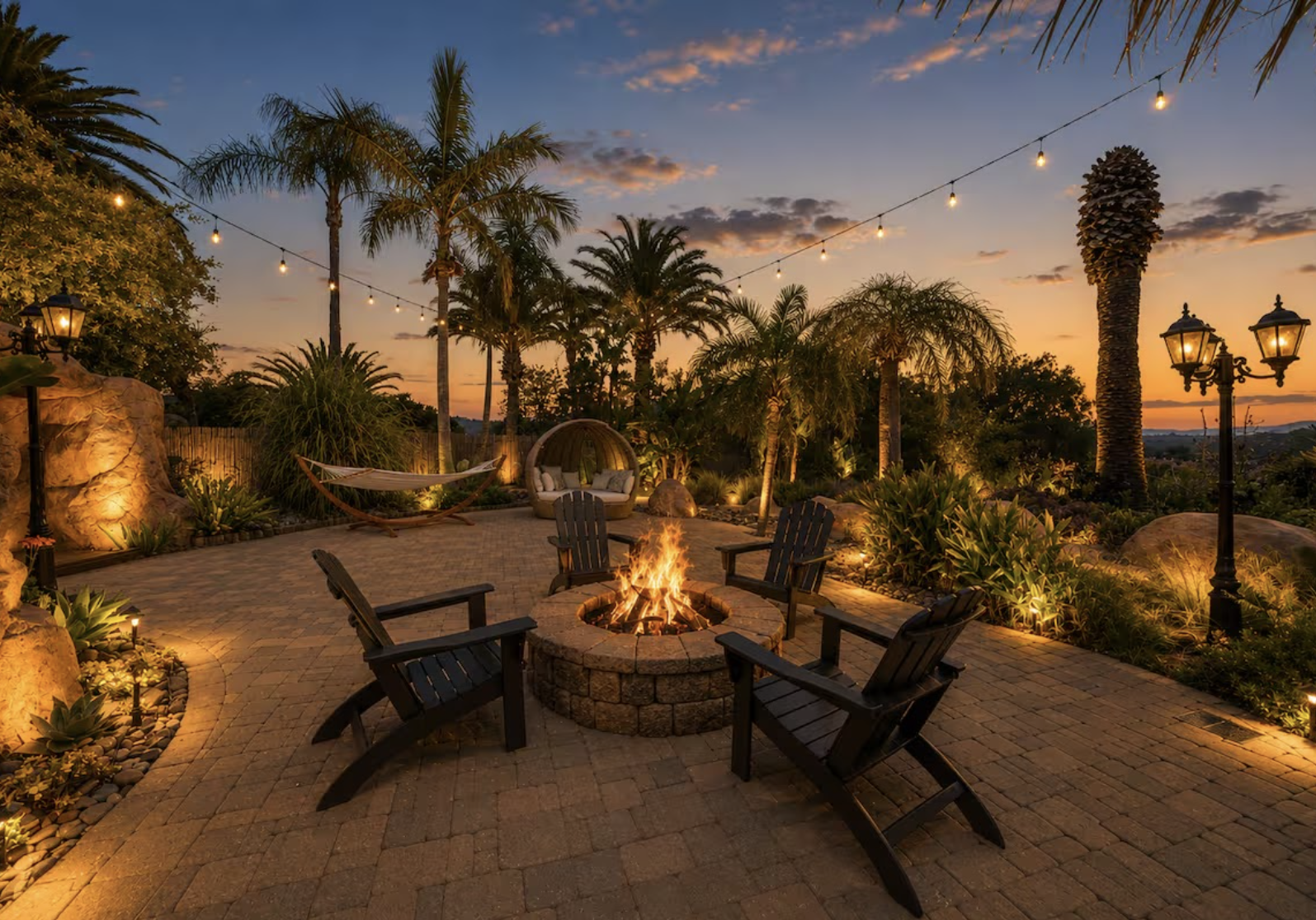 An outdoor backyard patio during sunset with a central fire pit surrounded by four chairs, string lights overhead, palm trees, lush landscaping, a hammock, a semi-circular seating area, and vintage-style street lamps.
