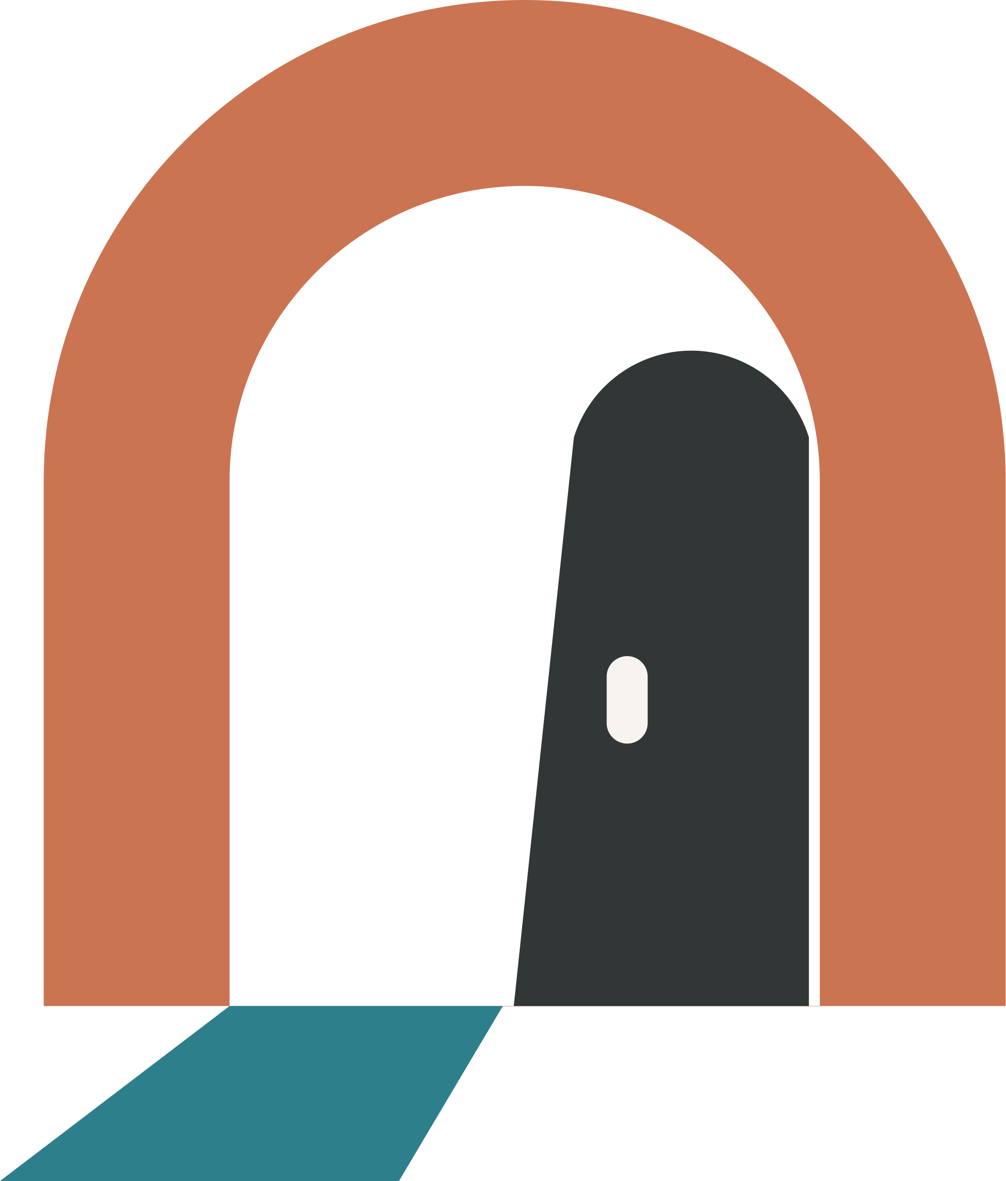 Abstract geometric design with a large arch shape, a circular black opening, brown and gray curved elements, a small white oval, and a teal-colored path on the bottom left.