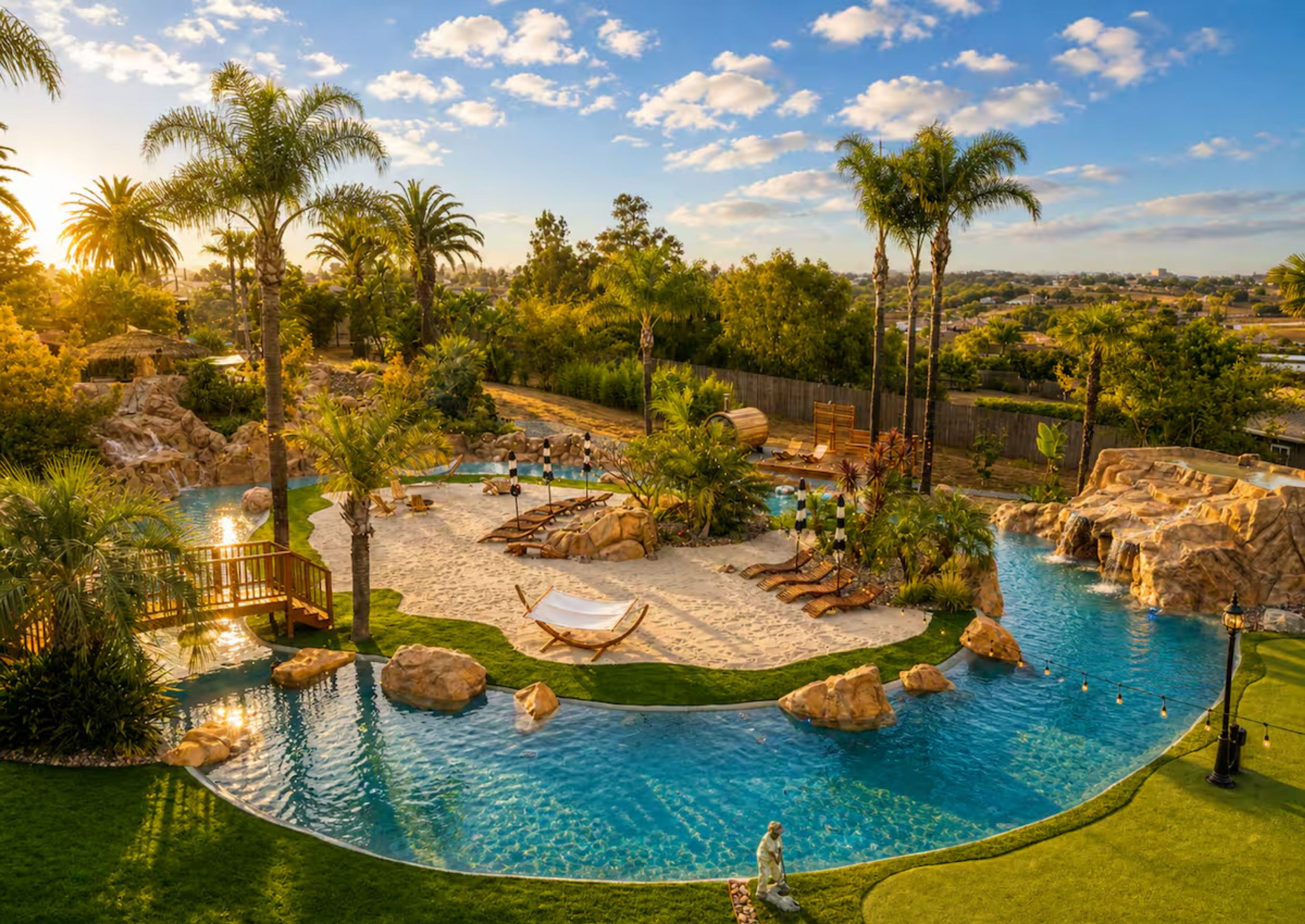 A tropical backyard resort with a large winding swimming pool surrounded by palm trees, lounge chairs, and lush greenery, under a partly cloudy sky with the sun setting on the left.