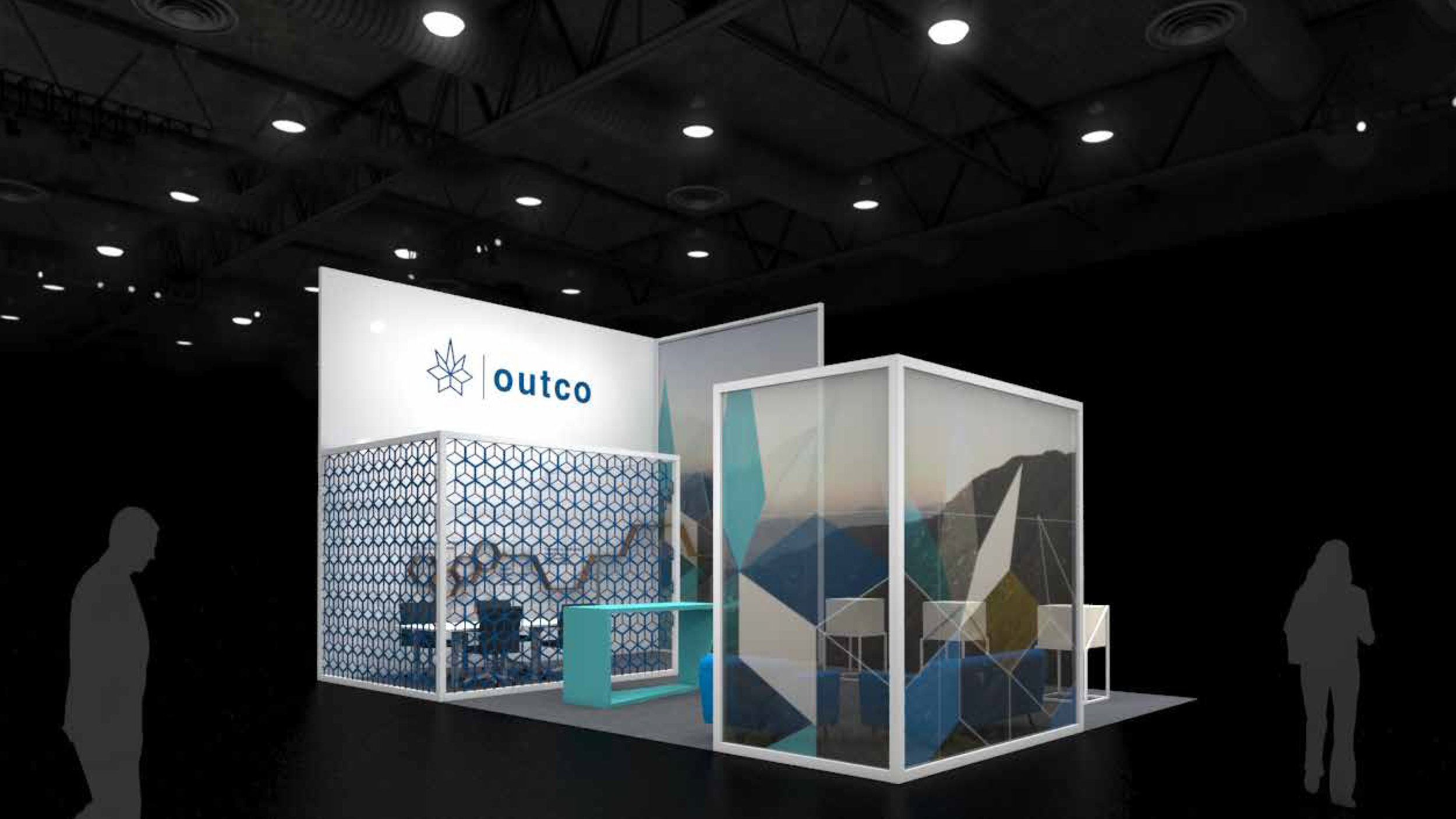 Trade show booth with the logo 'outco', featuring a geometric patterned divider and modern design elements, set in a large exhibition hall with ceiling lights and two silhouetted people nearby.