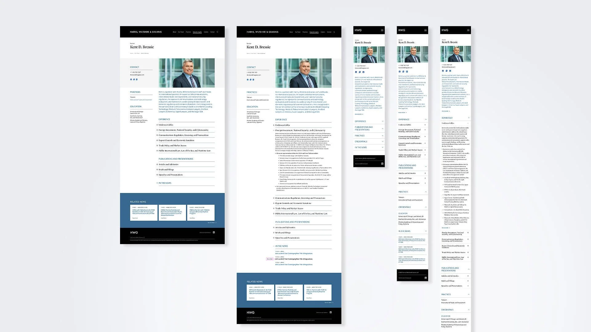 Multiple versions of a professional law firm website displaying contact information, attorney image, practice areas, education, experience, publications, presentations, and news, optimized for desktop and mobile screens.