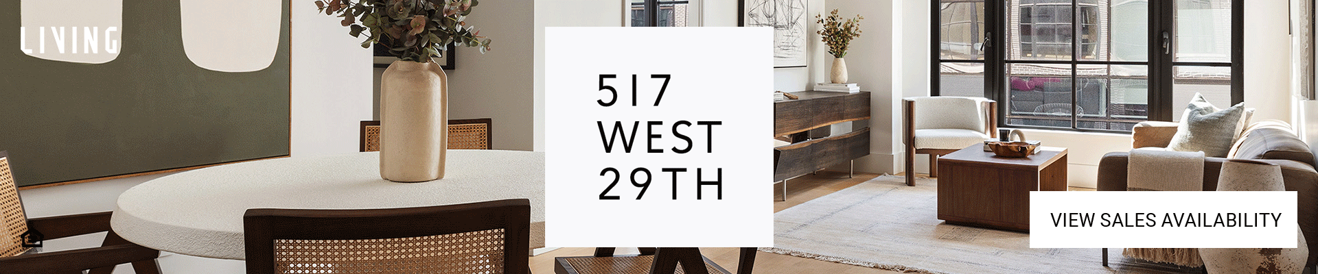 Photo of art direction for 517 West 29th banner ad - Interior of a modern living room with a dining table, armchair, sofa, coffee table, and large windows showing an outdoor balcony.