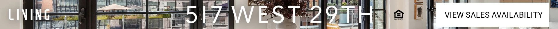 Banner ad design - Interior view of a room with large windows, a balcony with a railing, and various decor items including framed pictures and decorative vases, with a text overlay displaying an address and options to view sales availability.