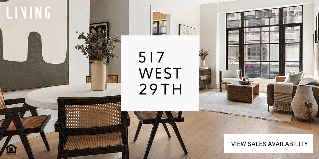 Banner ad design - Bright living room with large windows, beige walls, modern furniture including a white armchair, coffee table, and decorative vases. Text overlay shows an address: 517 West 29th.