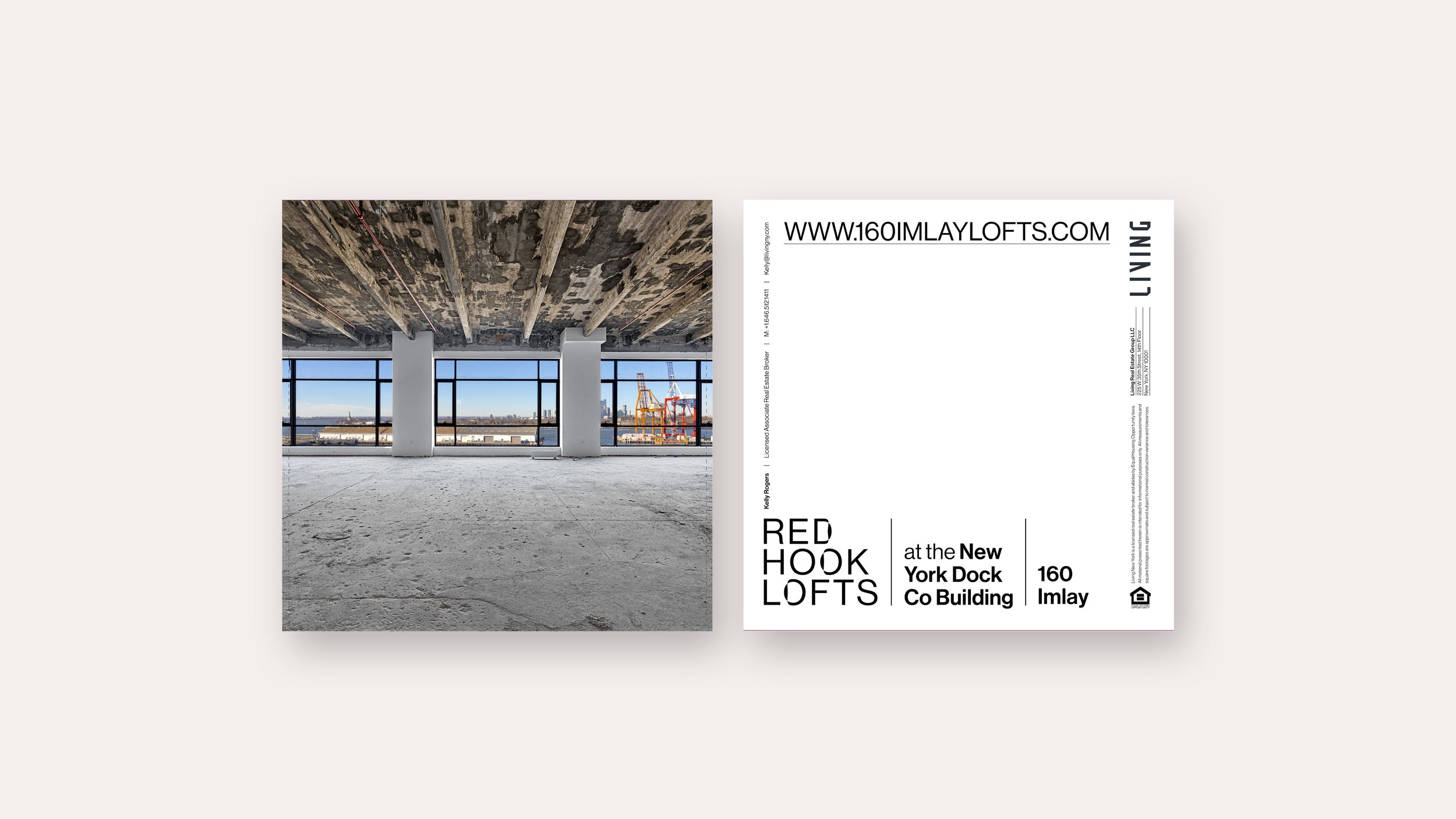 Postcard design - Interior view of a building under construction with large windows overlooking a dock and cranes outside.