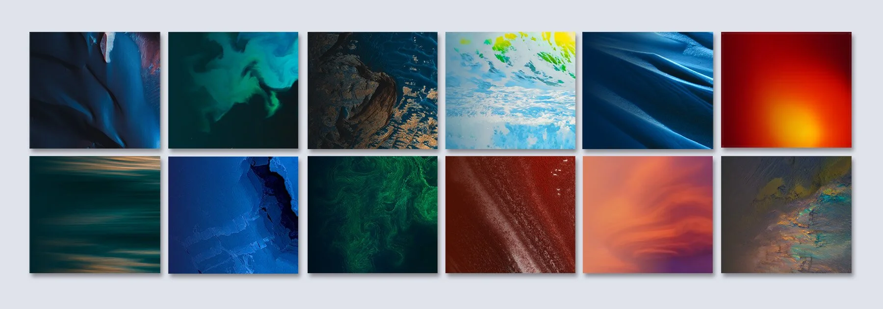 HWG Photo concept - Collection of twelve abstract digital artworks with swirling colors and textures in blue, green, brown, orange, and red hues.