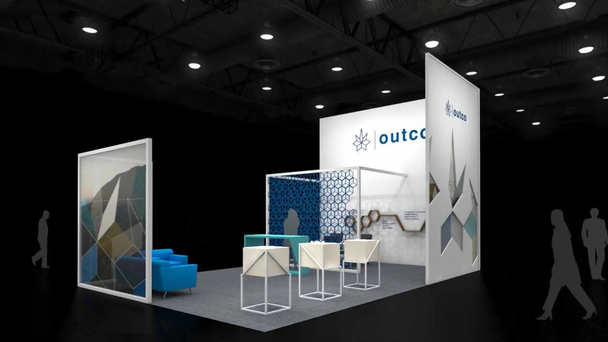 An exhibition booth with the logo 'outco' on a white display, featuring geometric decorations, seating area with white chairs and a blue sofa, and black walls with silhouettes of people.