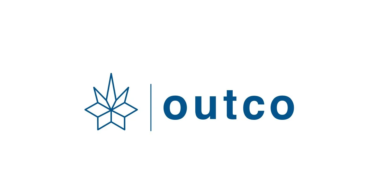Outco logo featuring a geometric leaf-like symbol and the word 'outco' in blue text.