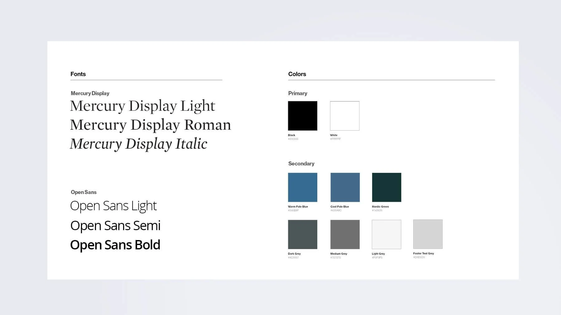 HWG Brand guideline design - Design style guide showing fonts and color palette, including font names and styles, color swatches with hex codes, and section titles for fonts and colors.