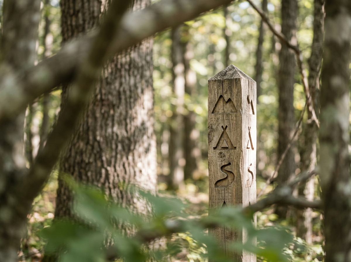 A wooden trail marker carved with mountain, tent, and wave symbols, framed by tree bark and forest greenery.