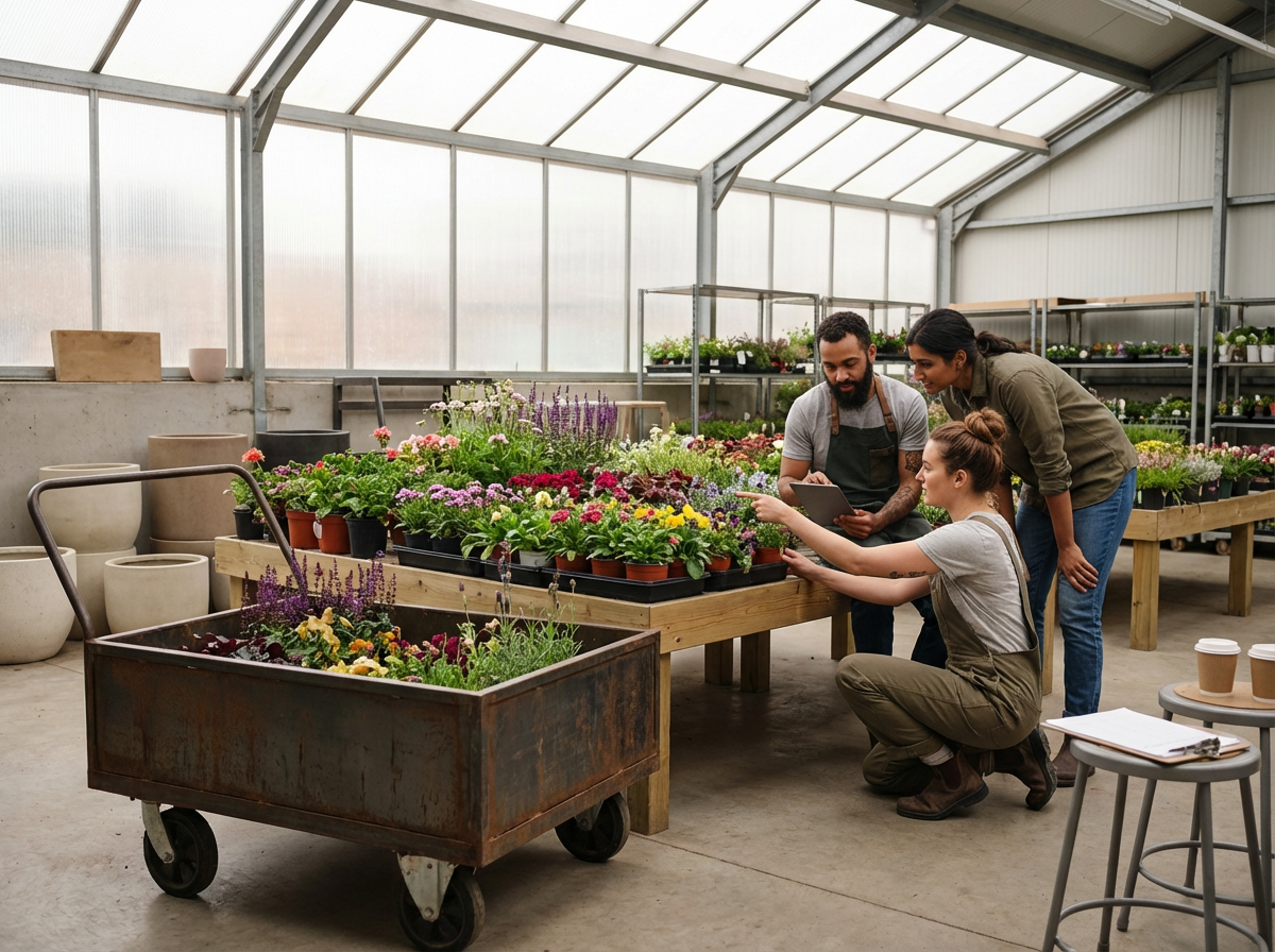 Three people working together in a greenhouse, examining and discussing potted plants on a wooden table, with shelves of plants in the background and a rusty cart filled with flowering plants in the foreground.