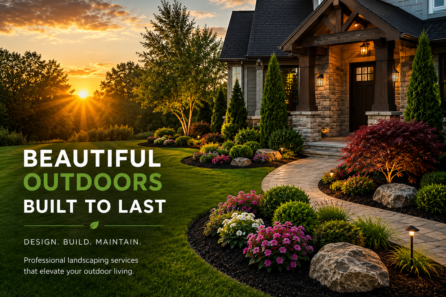 A beautifully landscaped front yard of a house at sunset, featuring a paved walkway, vibrant flowers, bushes, and trees, with outdoor lighting and a cozy, welcoming entrance.