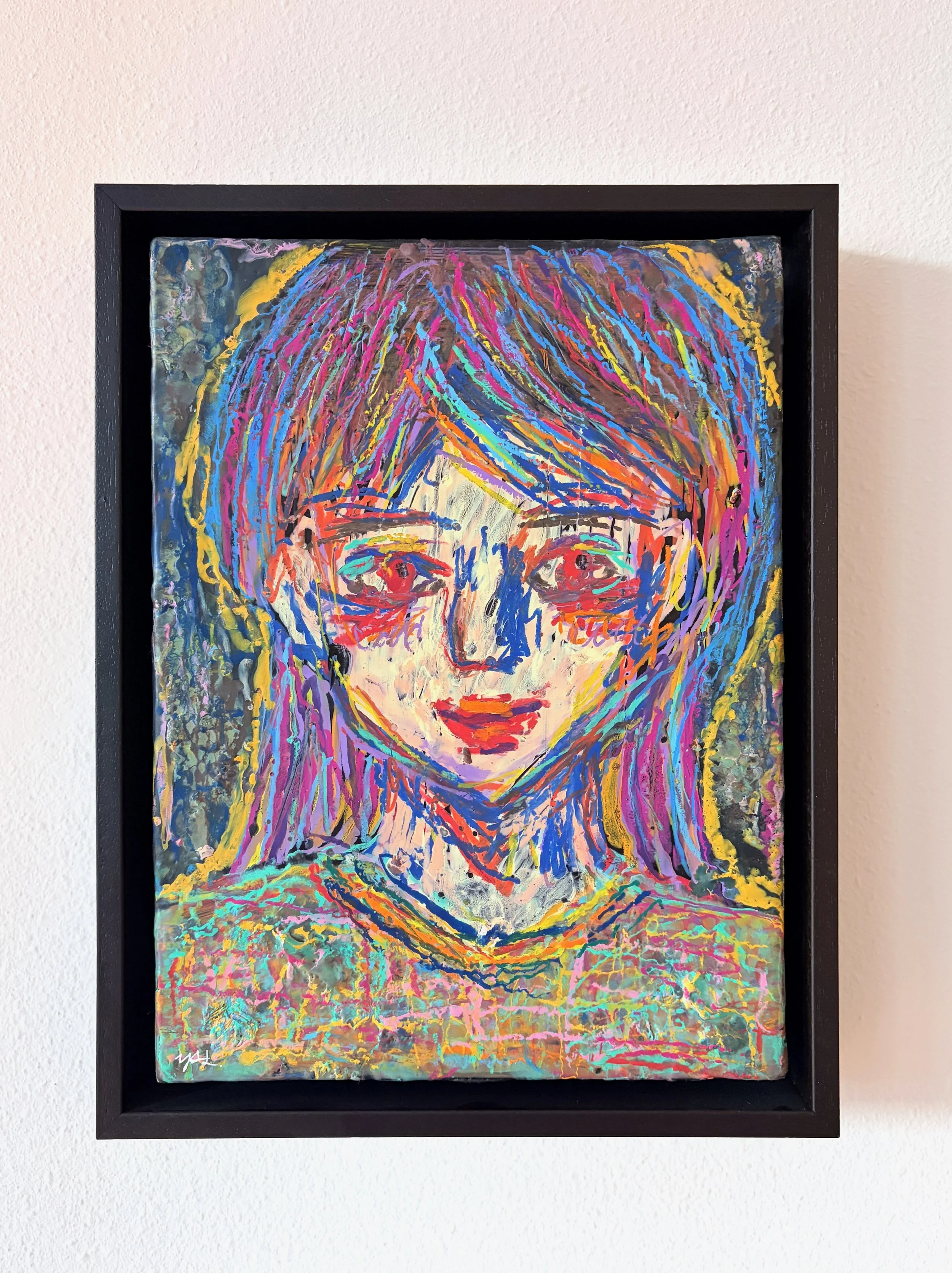 Self-Portrait, 2025
Encaustic and oil pastel on canvas
9 in x 12 in