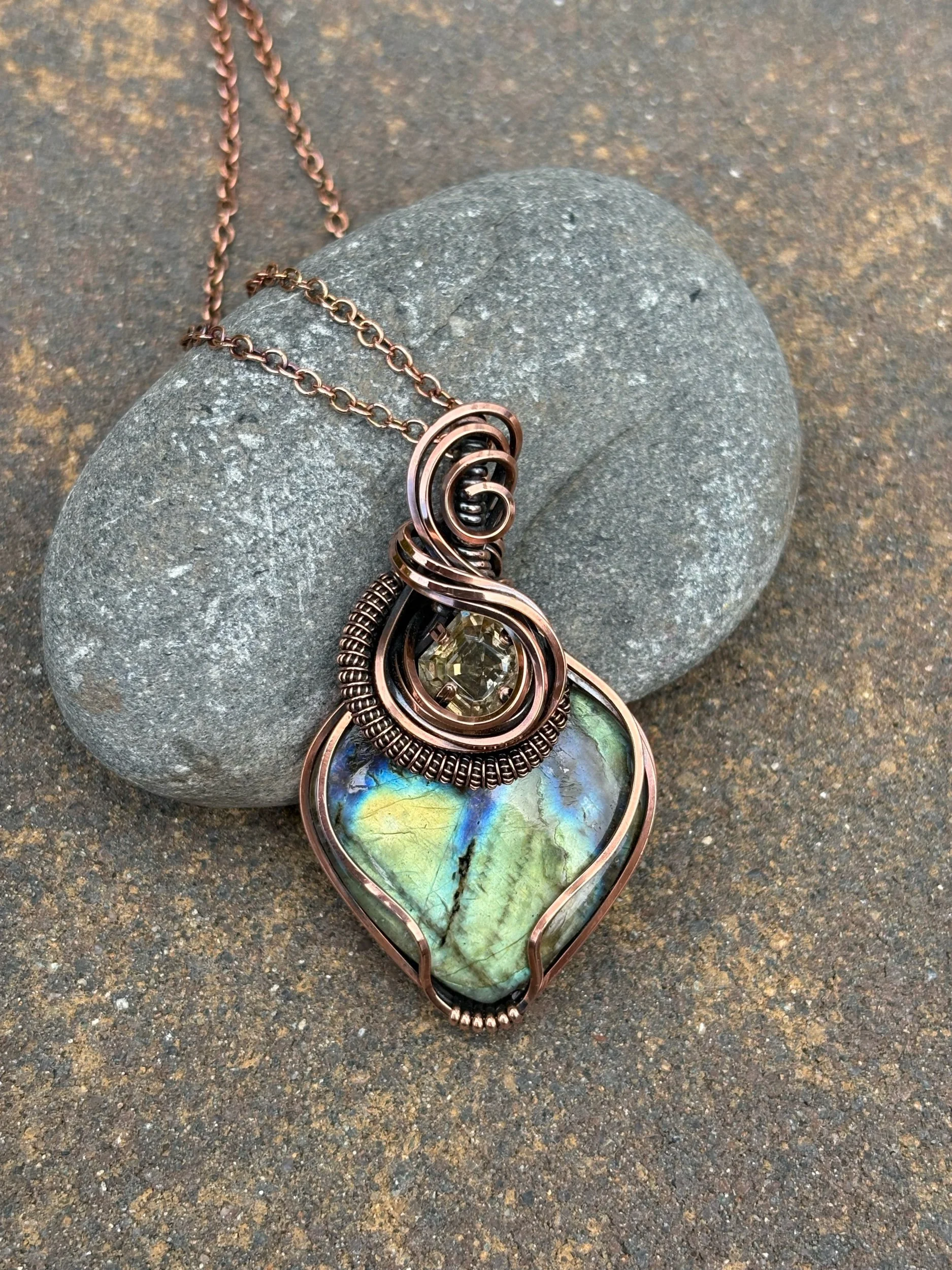 Handmade Copper Wire Wrapped Labradorite Pendant, Crystal Inset, 18" Copper Chain
