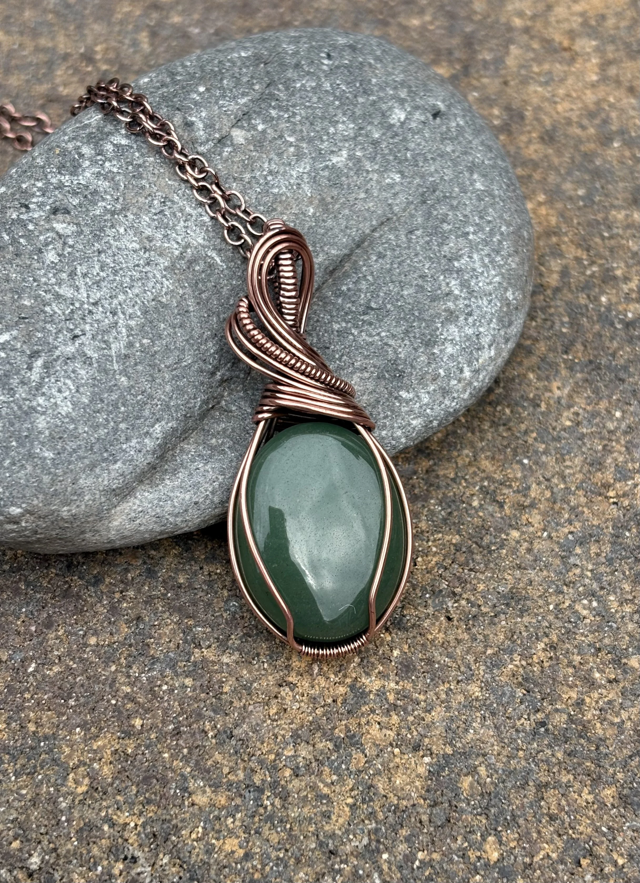 Handmade Copper Wire Wrapped Green Aventurine Necklace, 18" copper chain
