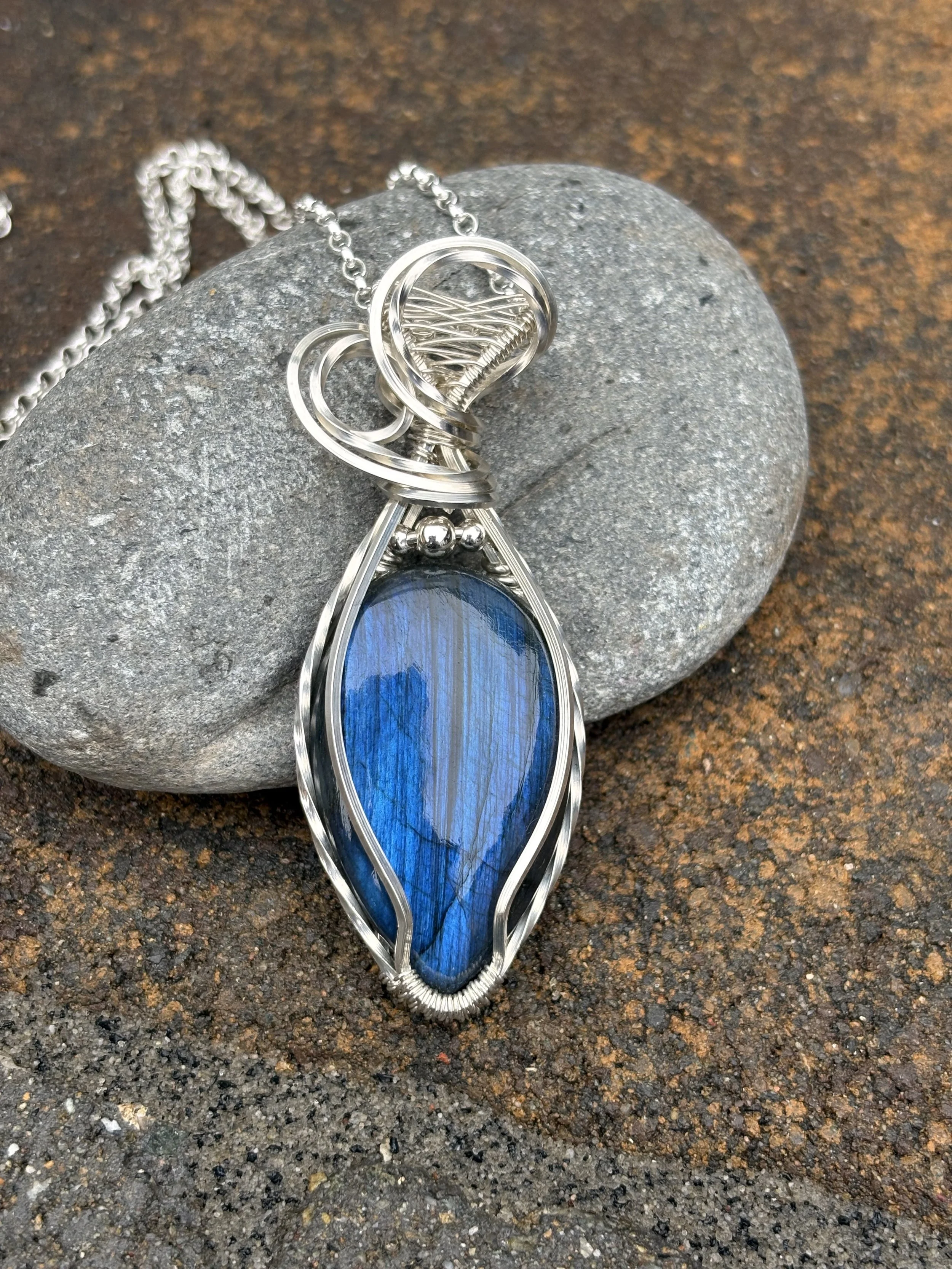 Silver wrapped Blue Labradorite crystal pendant