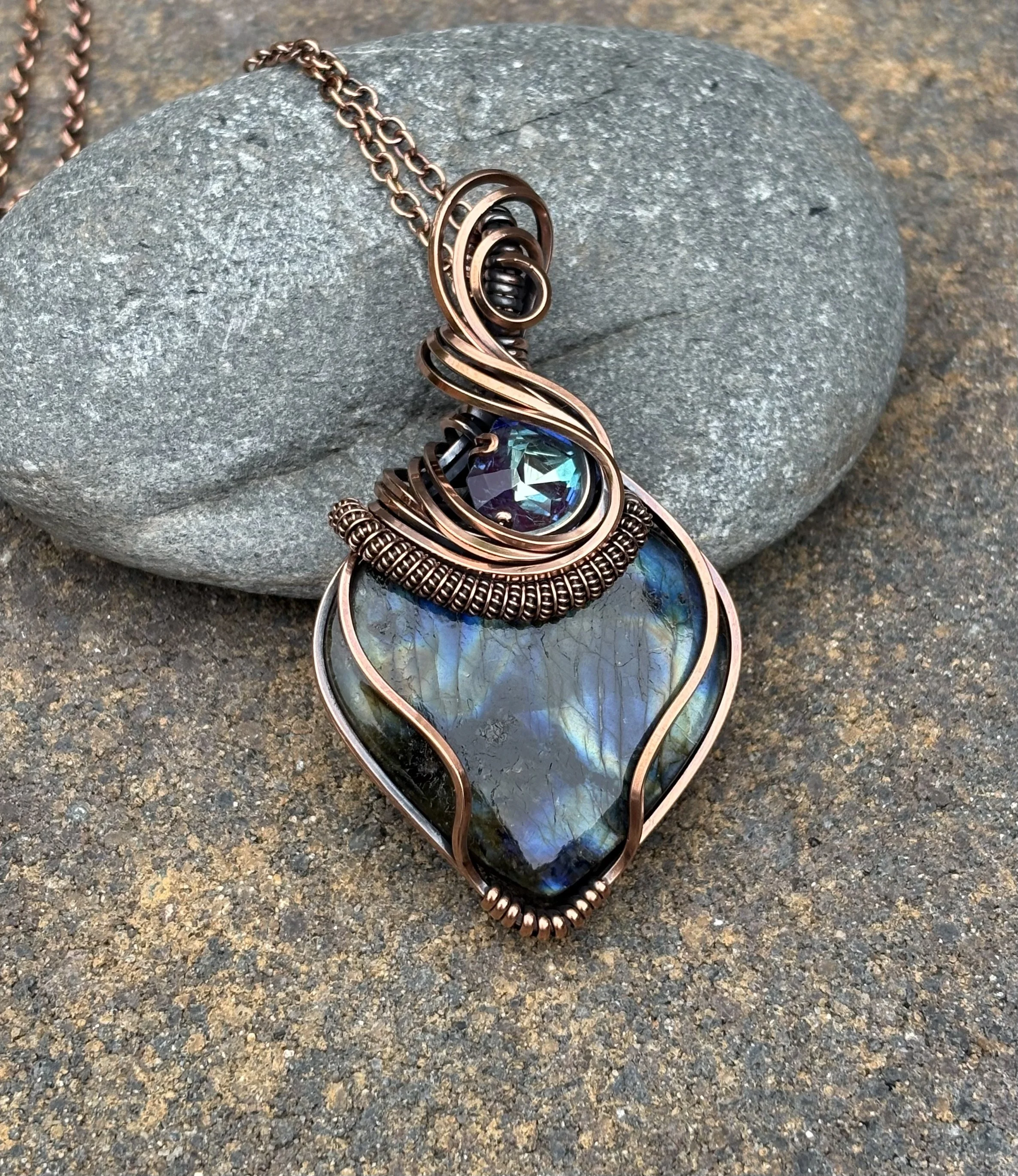 Handmade Copper Wire Wrapped Labradorite Pendant, Crystal Inset, 18" Copper Chain