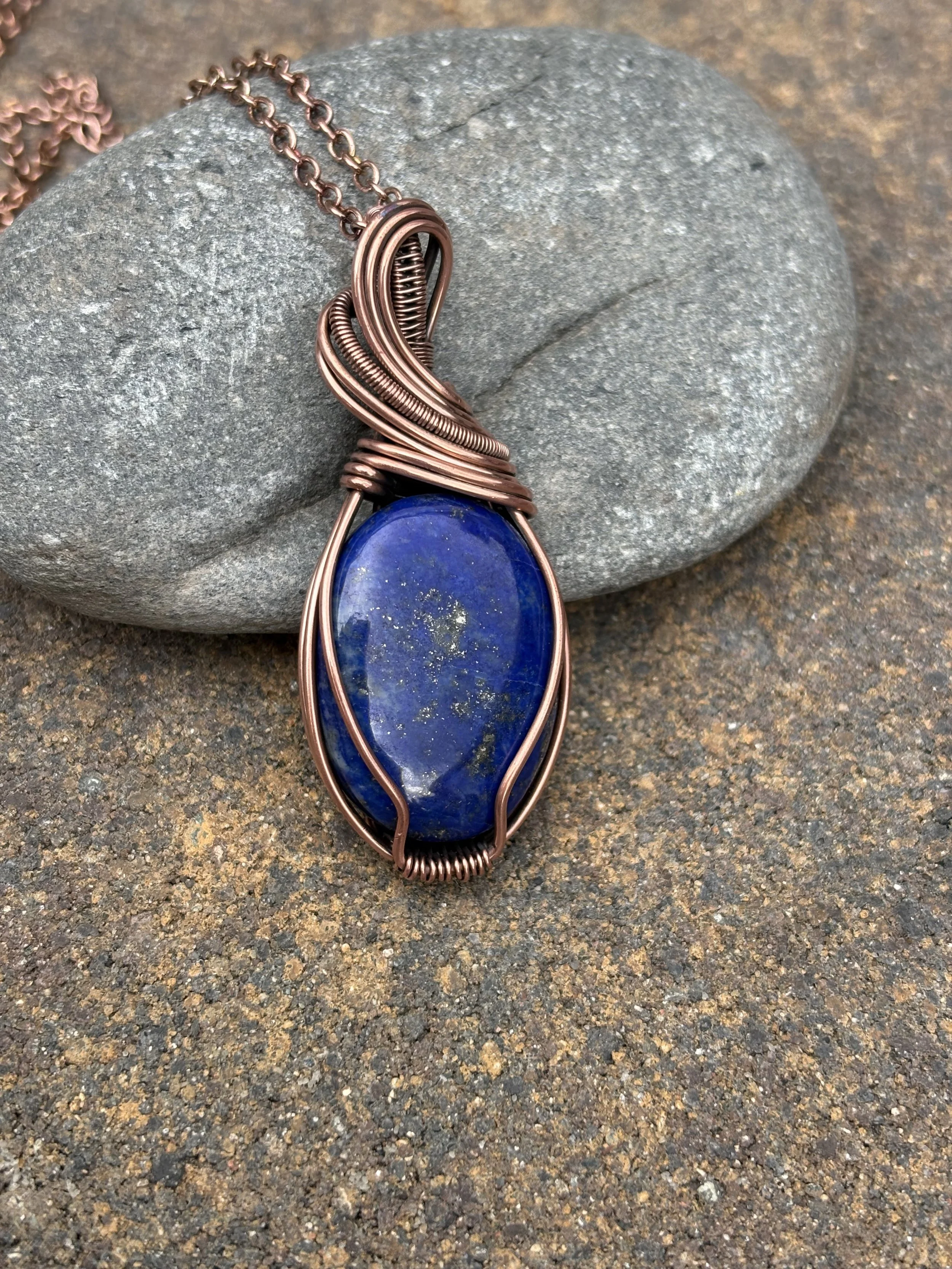 Handmade Copper Wire Wrapped Lapis Lazuli Necklace, 18" Chain