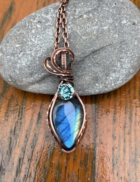 Handmade copper wire wrapped Blue Labradorite crystal pendant