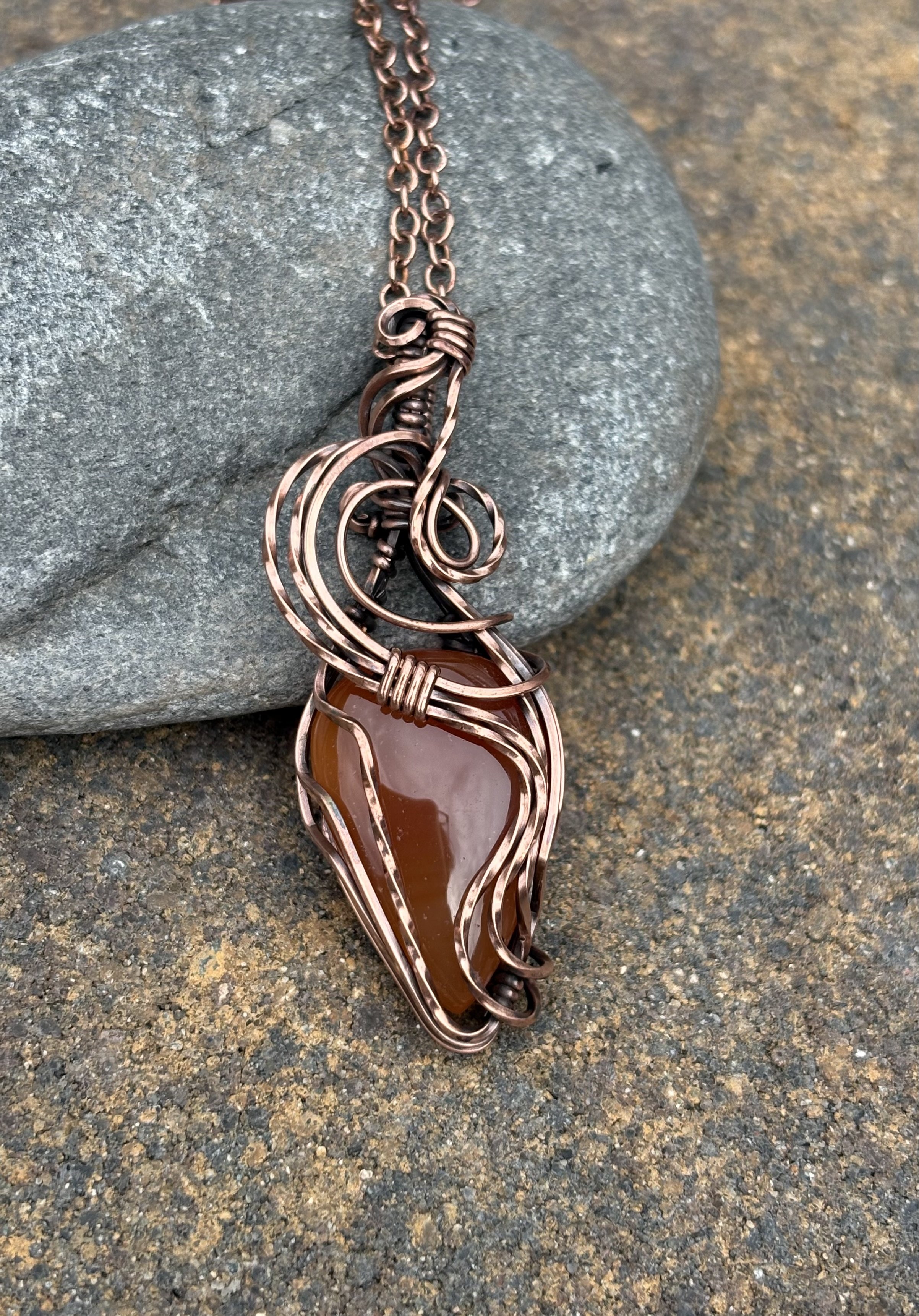 Handmade Copper Wire Wrapped Carnelian Necklace, 18" Chain