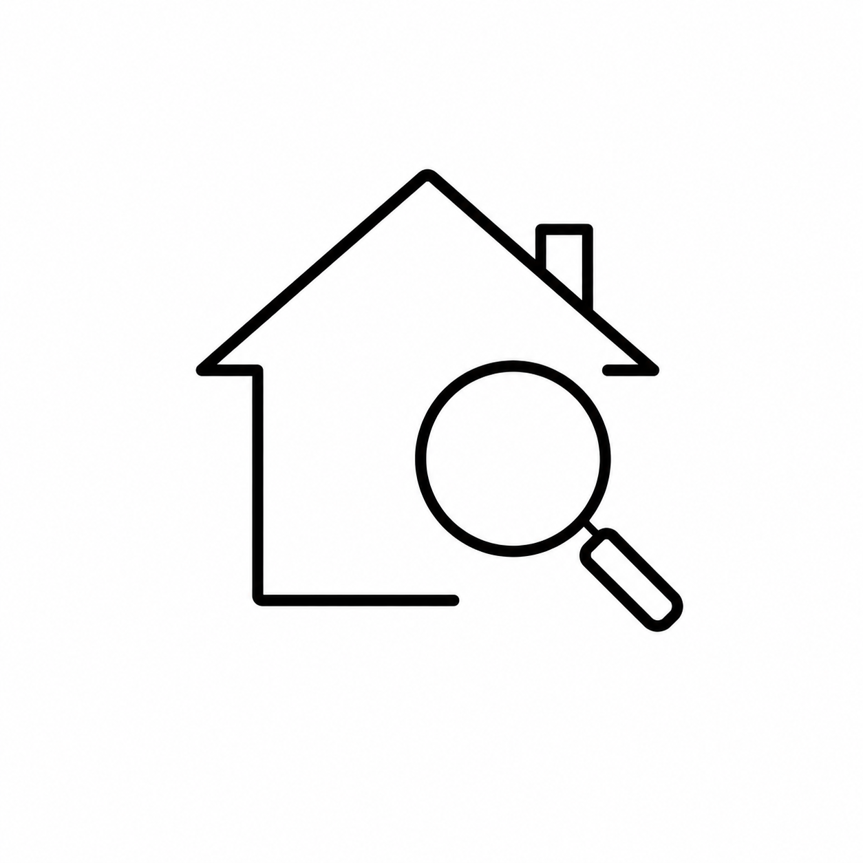 Outline of a house with a magnifying glass in front of it.