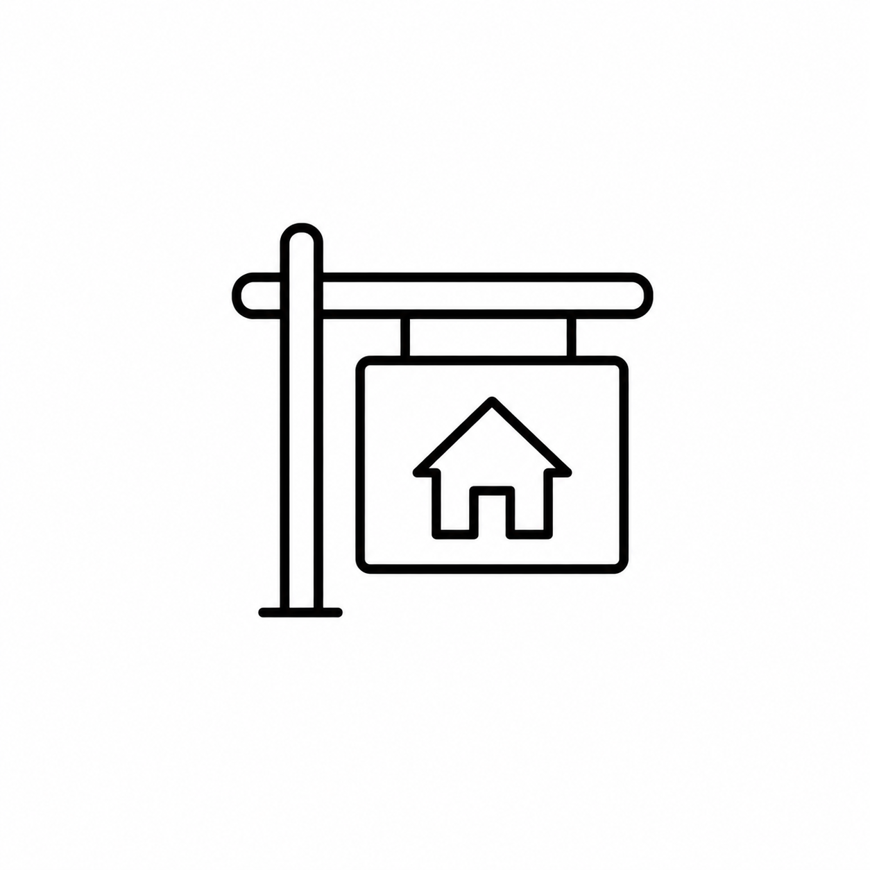 Outline of a real estate sign with a house icon, mounted on a post.