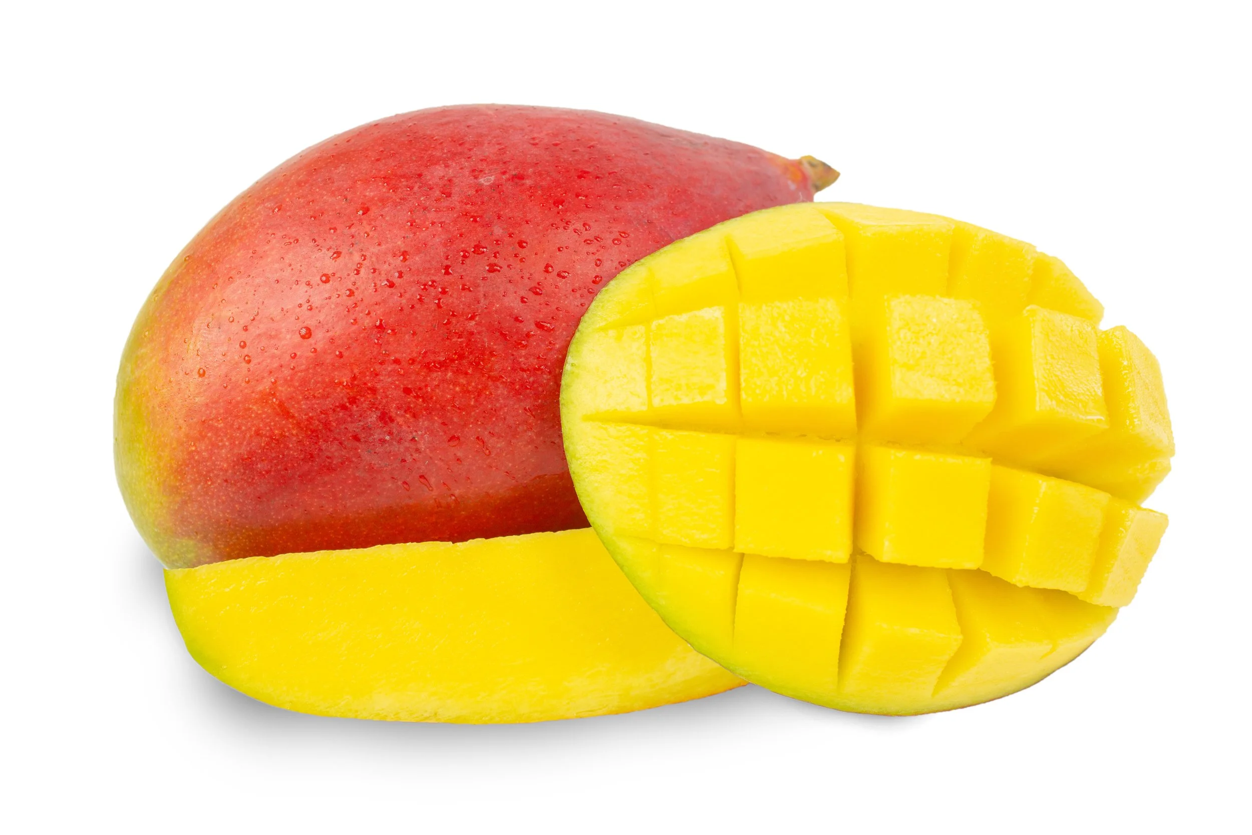 A whole red and green mango with sliced sections showing yellow flesh on a white background.
