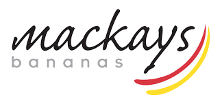 Mackays Bananas logo with red and yellow curved lines.