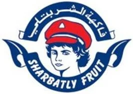 Sharbatly Fruit logo with illustration of person in red hat, blue text, and Arabic script.