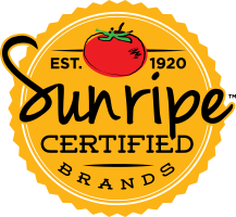 Sunripe Certified Brands logo with a tomato illustration on a yellow background, established in 1920.