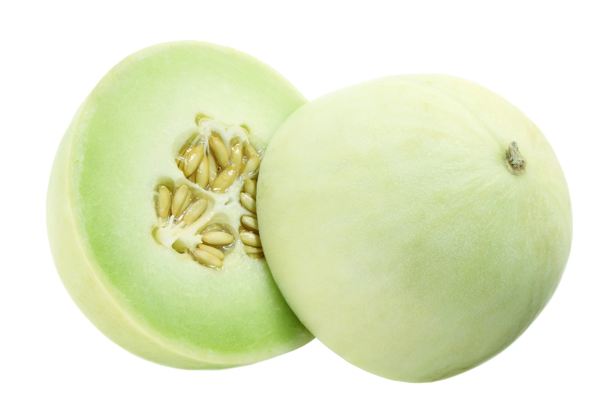 Honeydew melon, whole and halved, showing seeds