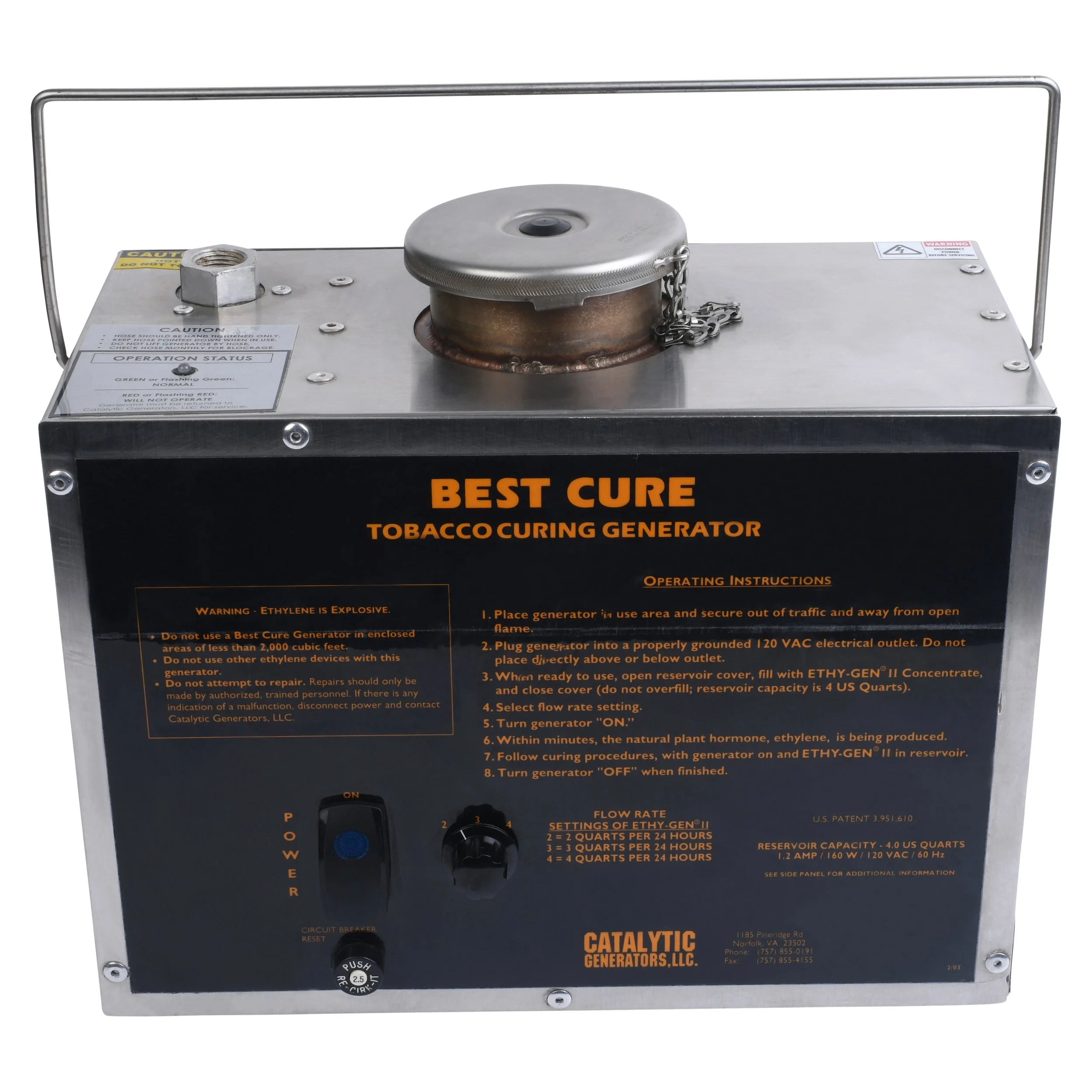 Tobacco curing generator with operating instructions and warning labels on the front panel, labeled 'Best Cure' by Catalytic Generators.