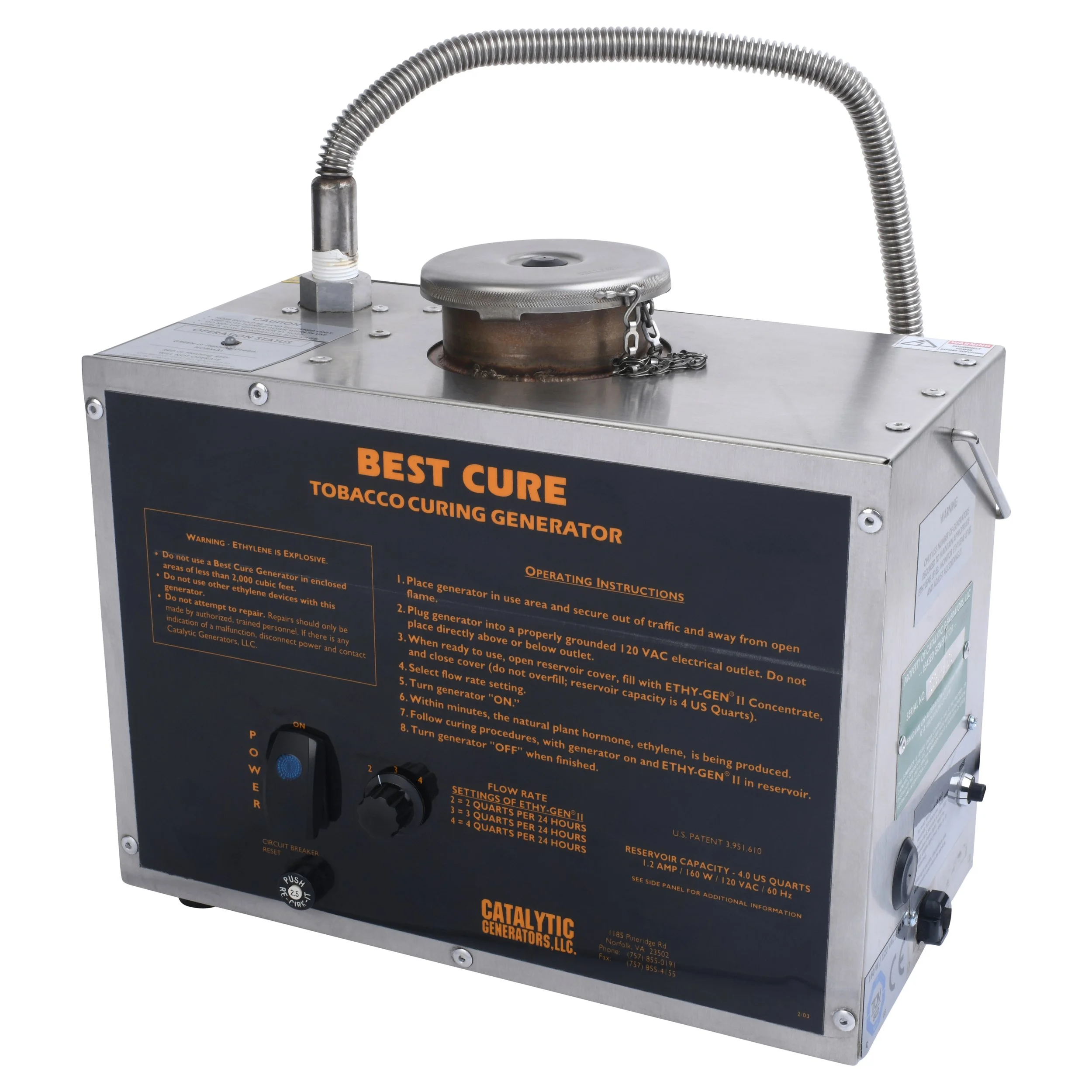 Tobacco curing generator, metallic box with text "Best Cure Tobacco Curing Generator," contains instructions and warnings.
