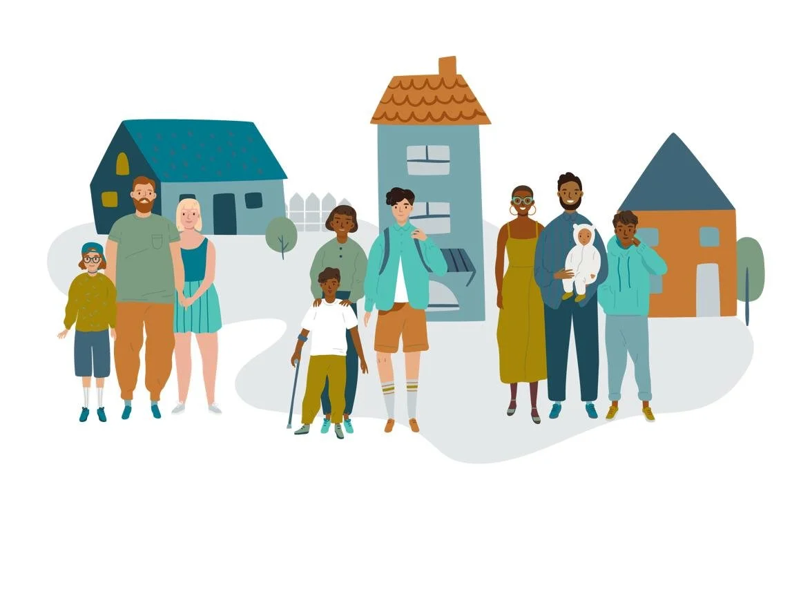 Group of diverse people standing in front of houses, including children, adults, and seniors, in a neighborhood setting.