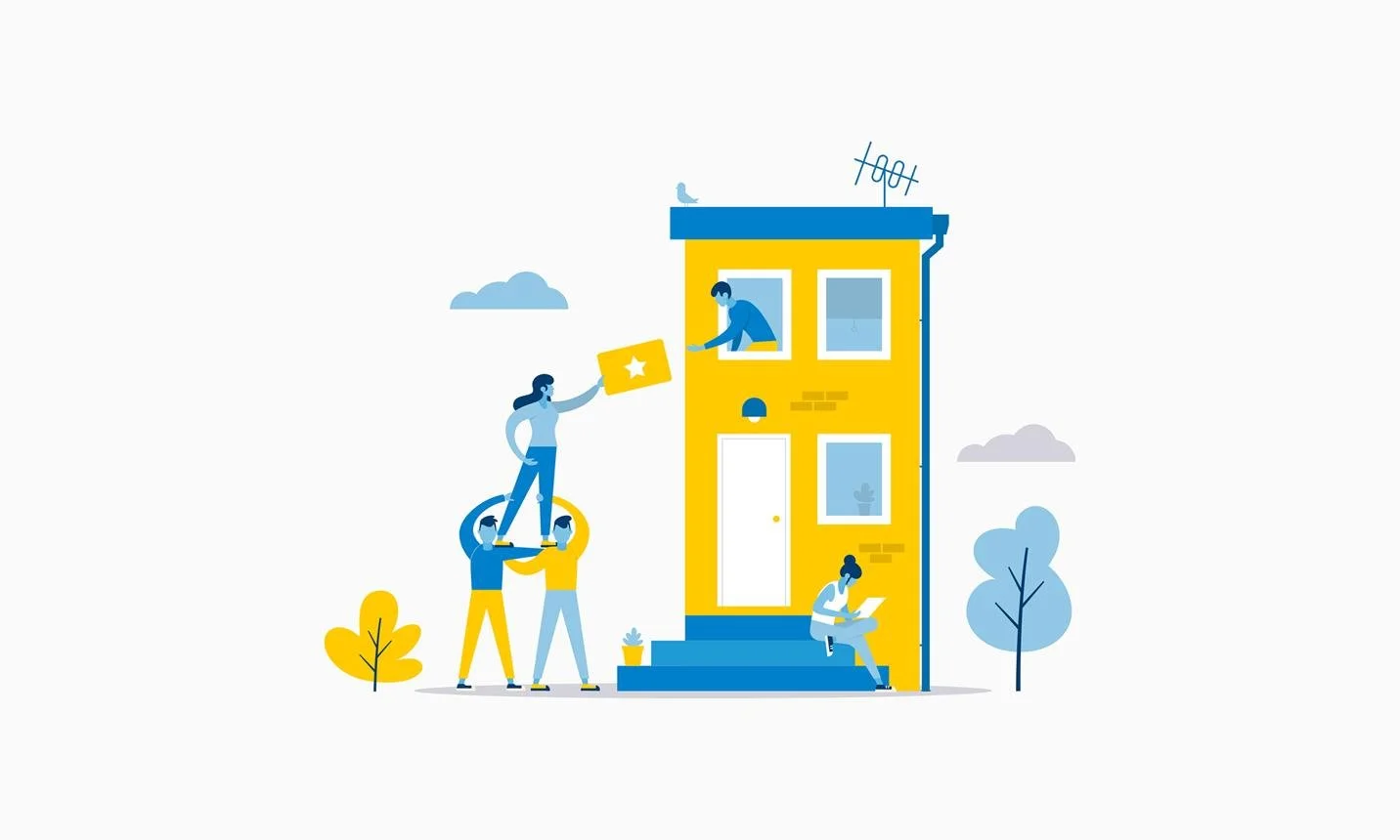 Illustration of five people outside a yellow two-story house, with one person on the steps, two supporting a person holding a star, and one leaning against the house using a laptop. Clouds and trees are in the background.