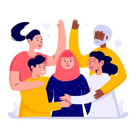 Diverse group of five people celebrating and smiling, with one woman wearing a hijab in the center, surrounded by friends of different ages and backgrounds.