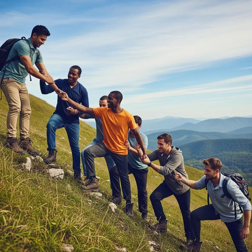 Group of men helping each other climb up a grassy hill with mountains in the background.