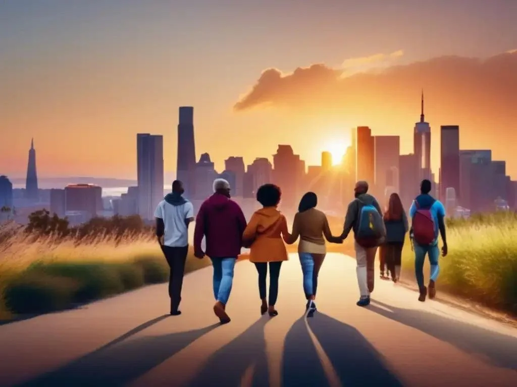 A group of people walking together on a path with the New York City skyline in the background during sunset.