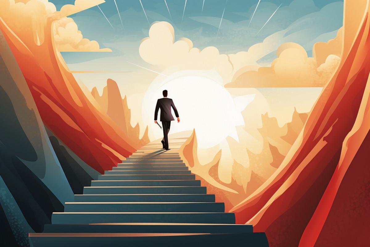 A person walking up a staircase towards a bright sun in a surreal landscape with mountains and clouds.