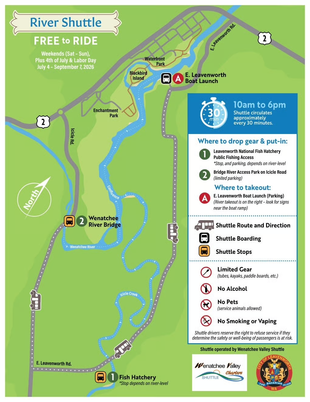 Map of the River Shuttle service in Leavenworth, Washington, showing routes, shuttle stops, and pick-up locations at the Leavenworth Fish Hatchery, Bridge River Access Park, and E. Leavenworth Boat Launch, with information about operating hours, restrictions, and parking.