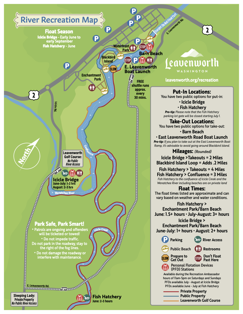 River recreation map of Leavenworth, Washington showing floating season from June to September, key locations including Iccle Bridge, Fish Hatchery, Barn Beach, Blackbird Island, waterfront park, and parking areas along with ferry ramp, public restrooms, and personal flotation device stations.