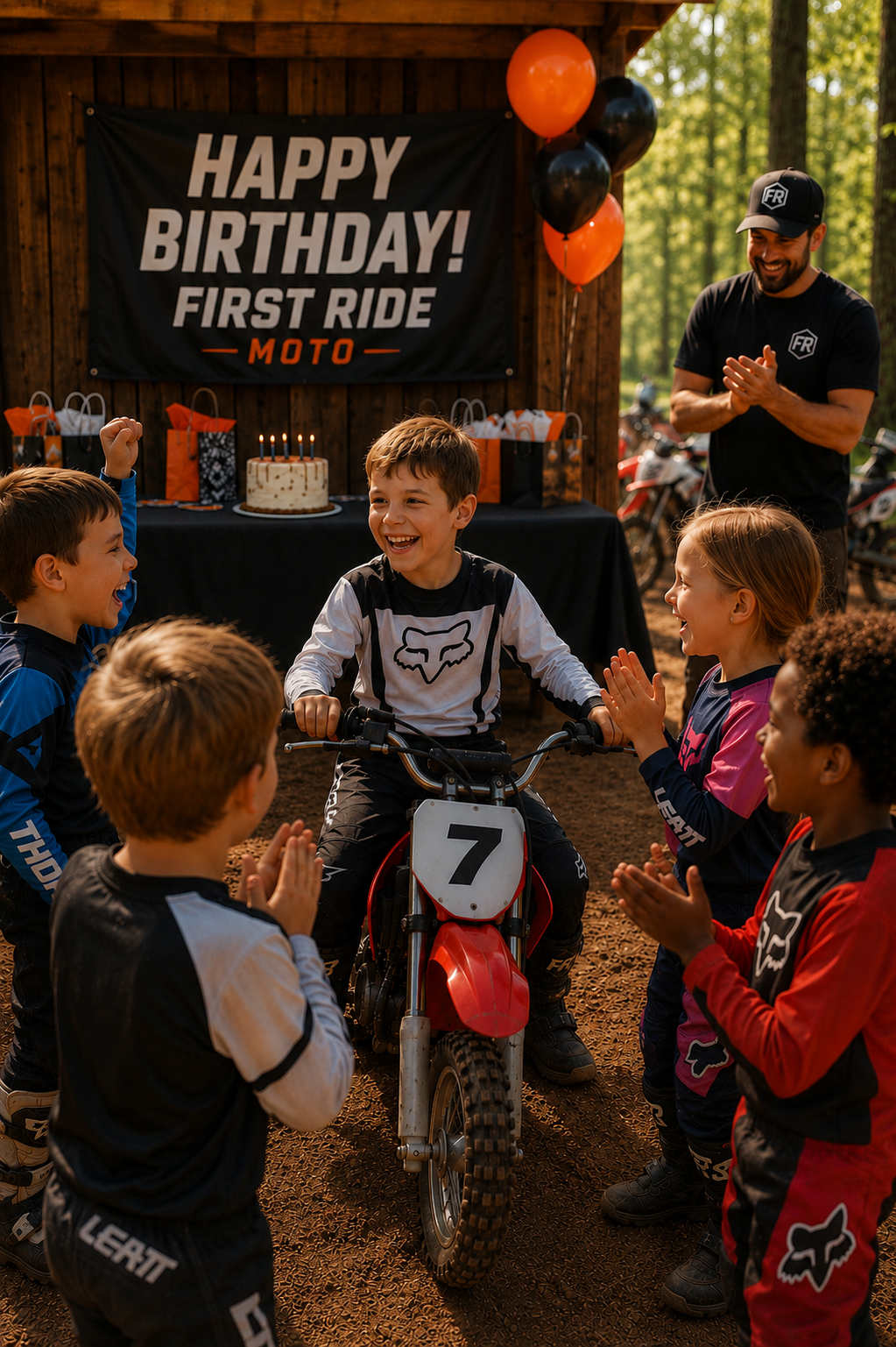 Children celebrating birthday on a dirt track, with one boy on a motocross bike and others clapping and smiling. A birthday cake with lit candles and a banner reading 'Happy Birthday! First Ride Moto' are in the background, along with balloons and party bags.