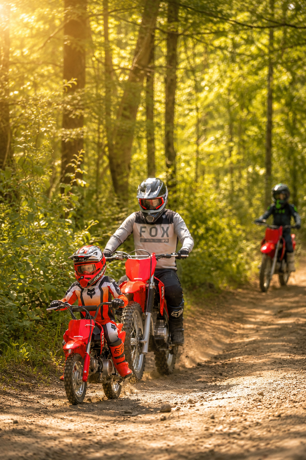 Two children and an adult riding dirt bikes through a forest trail in the sunlight, with lush green trees surrounding the path.