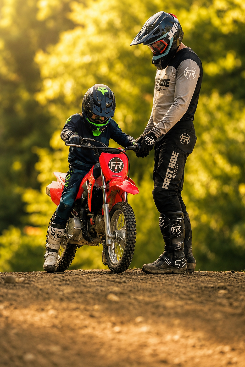 An adult and a child in motocross gear, with helmets and gloves, holding hands near a red dirt bike outdoors on a dirt trail with green trees in the background.