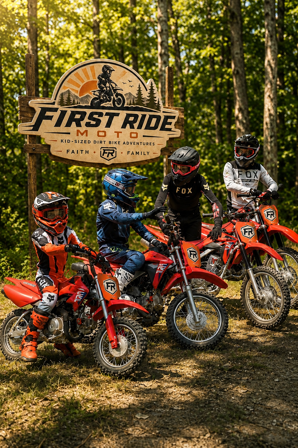 Four children in motocross gear sitting with dirt bikes outdoors near a wooden sign that reads 'First Ride Moto, Kid-sized dirt bike adventures, Faith, Family'.