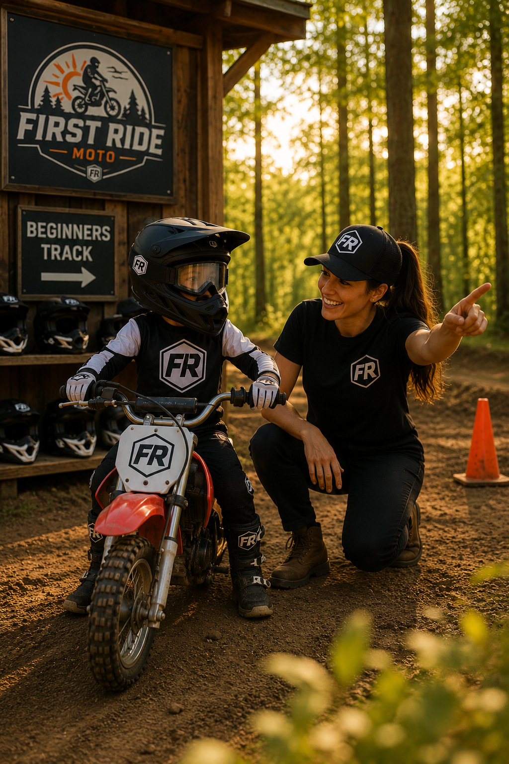 A woman and a young boy on a motorcycle at an outdoor riding area. The woman is smiling and pointing while the boy, wearing a helmet and riding gear, sits on a small dirt bike with a sign that has a logo. There are helmets on a shelf and a sign that reads 'First Ride Moto' and 'Beginners Track' in the background.