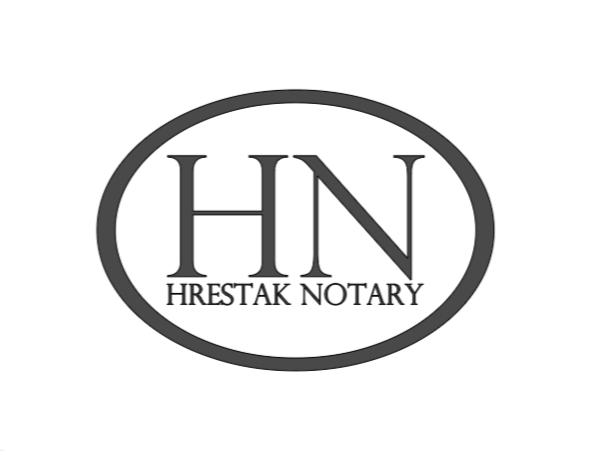 Logo with the initials 'HN' inside an oval, and the text 'HRESTAK NOTARY' below