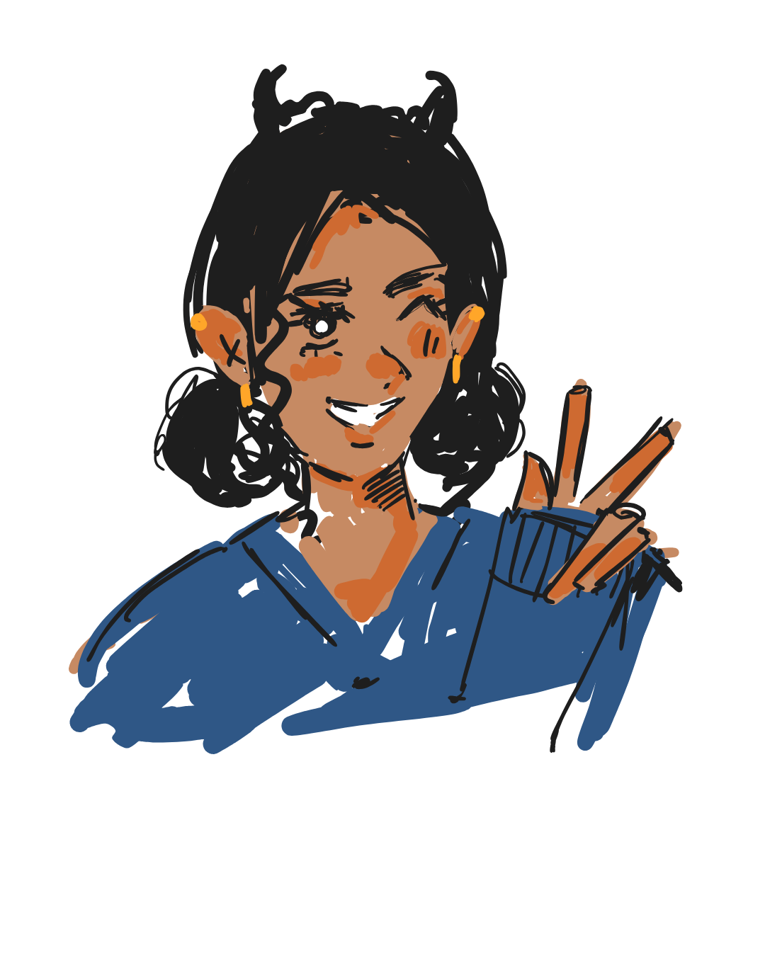 Digital drawing of a smiling woman with dark wavy hair, gold earrings, and a blue shirt, holding chopsticks in a container.